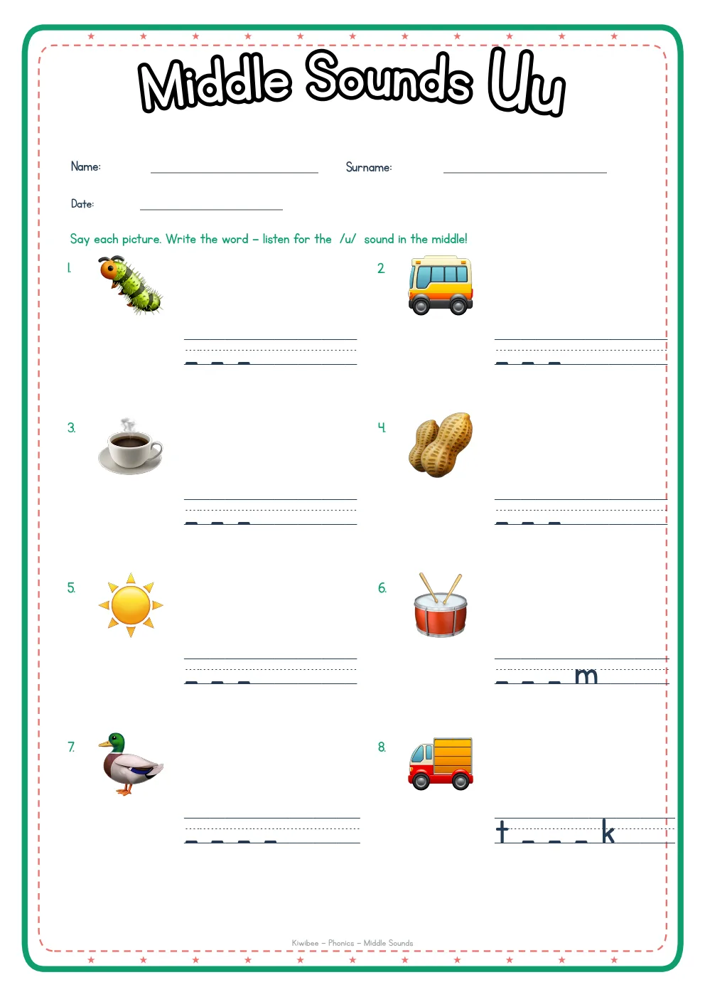 Middle Sounds U phonics worksheet with pictures and writing lines