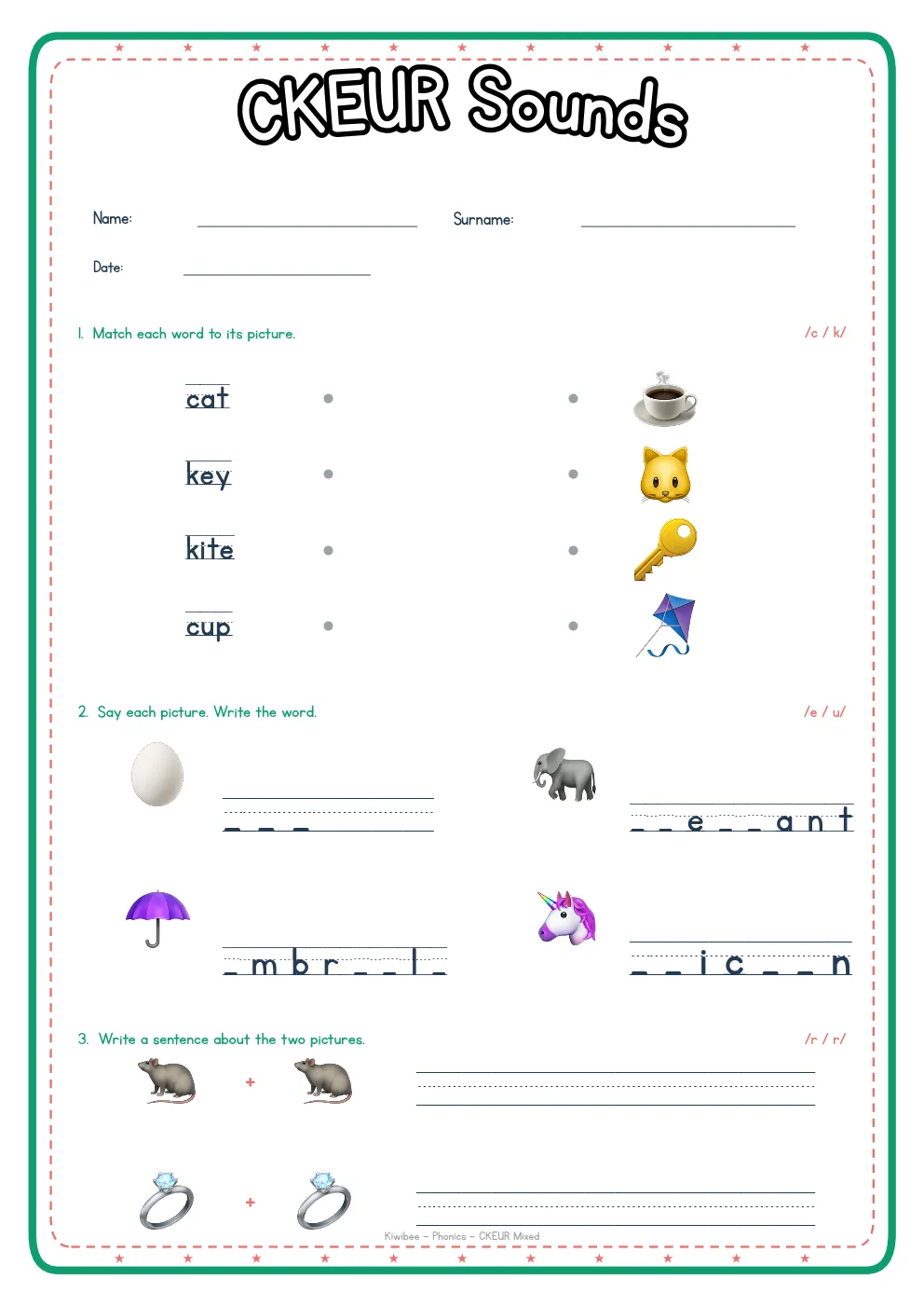CKEUR mixed phonics worksheet: match, write and sentence activities
