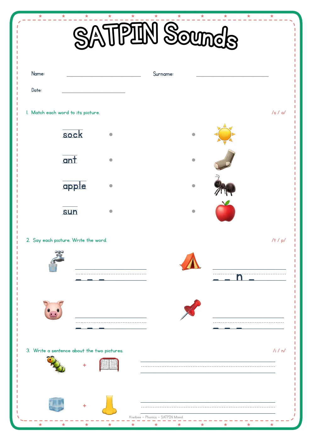 SATPIN mixed phonics worksheet: match, write and sentence activities