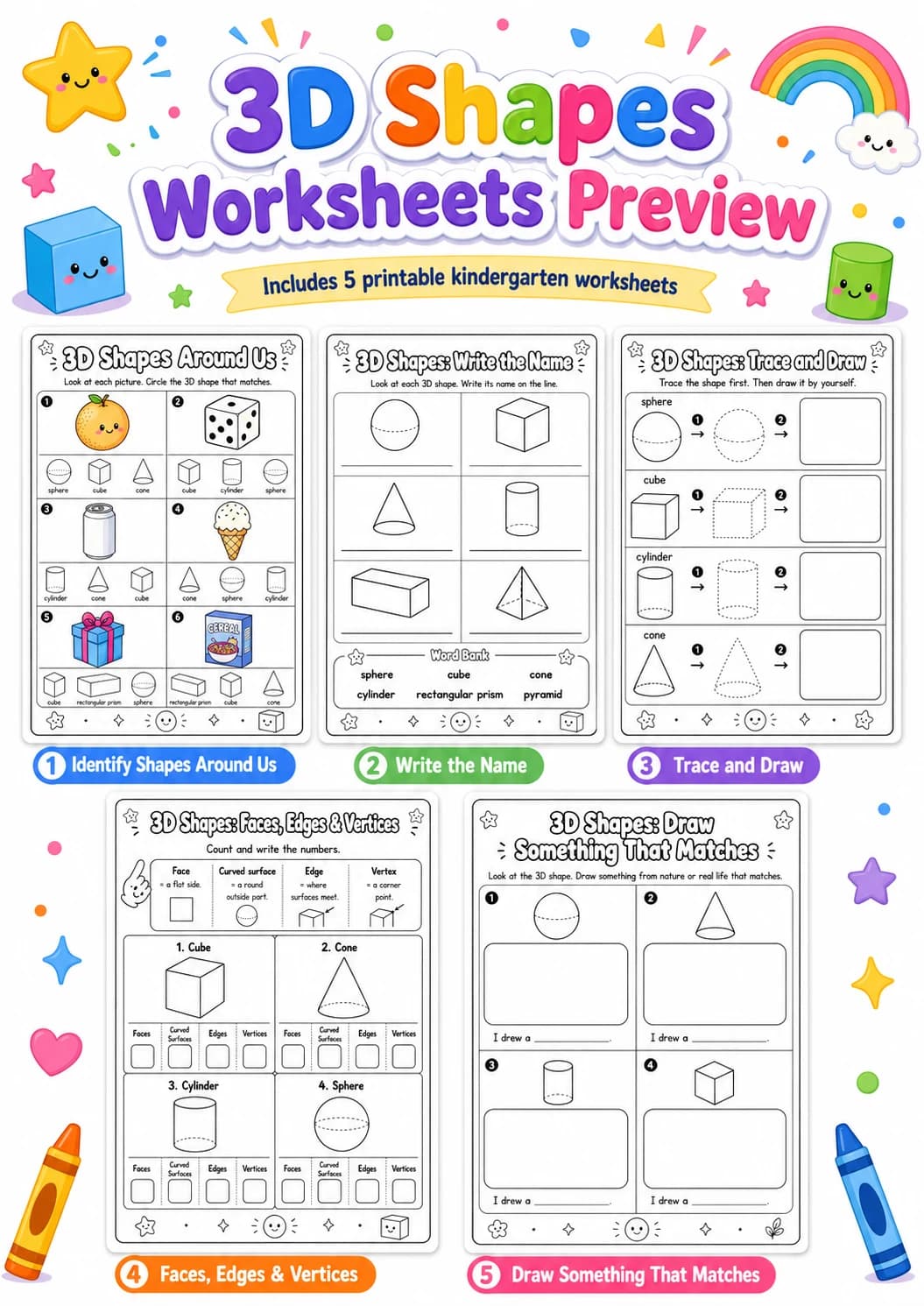 3D Shapes Around Us Geometry Worksheet Pack page 7 printable worksheet preview