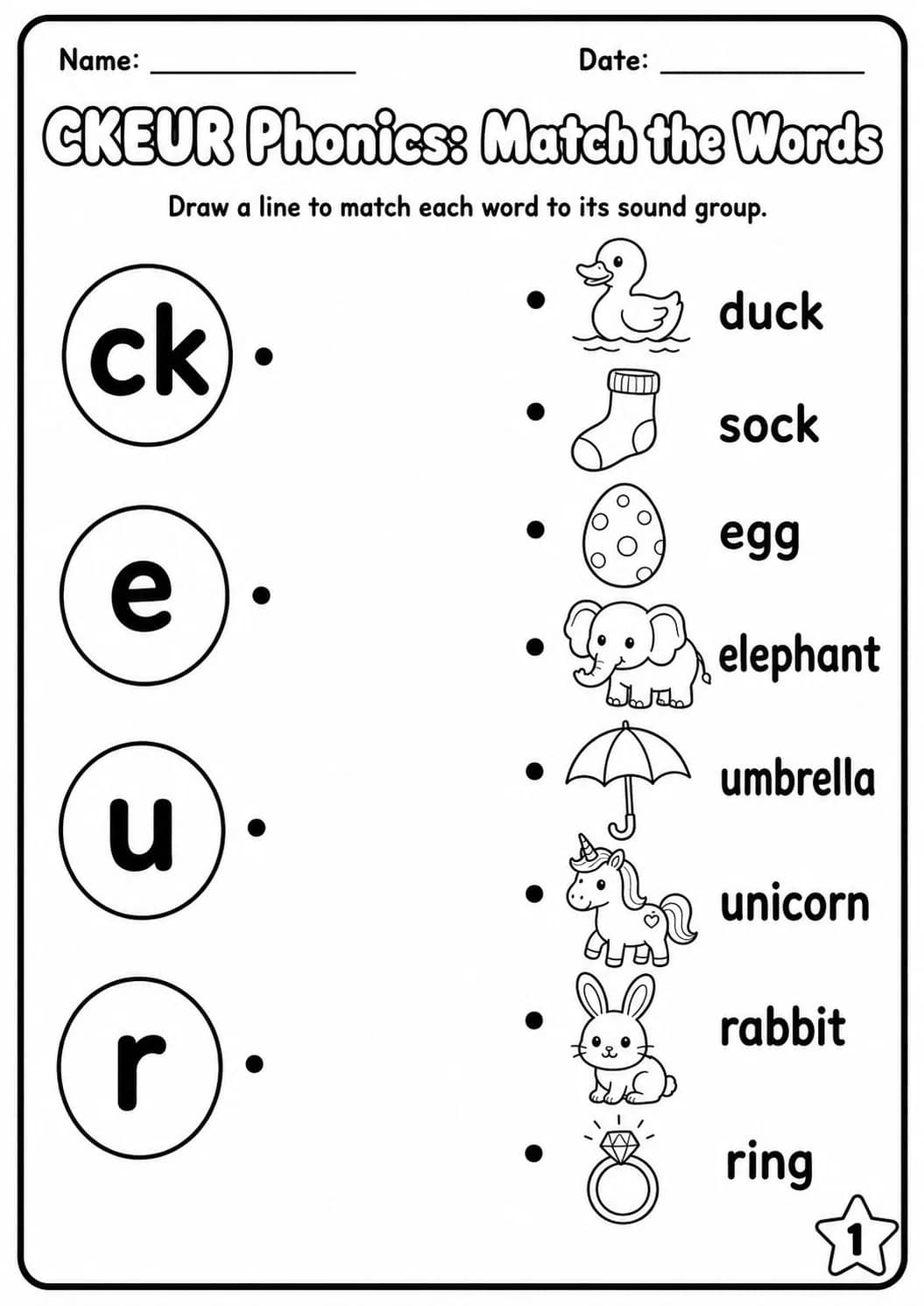 Beginning Sounds Phonics Match the Words - C K E U R Worksheet Pack printable worksheet pack preview from KiwiBee