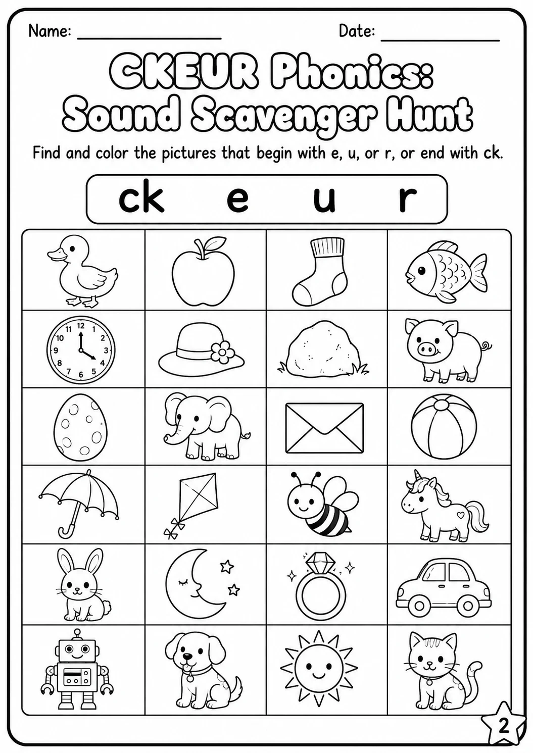 Beginning Sounds Phonics Match the Words - C K E U R Worksheet Pack page 2 printable worksheet preview