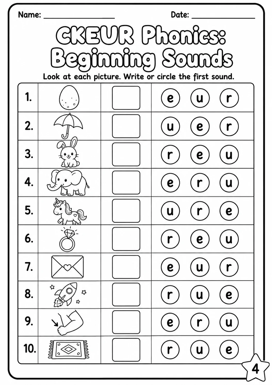 Beginning Sounds Phonics Match the Words - C K E U R Worksheet Pack page 4 printable worksheet preview