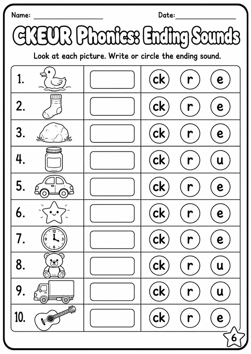 Beginning Sounds Phonics Match the Words - C K E U R Worksheet Pack page 6 printable worksheet preview