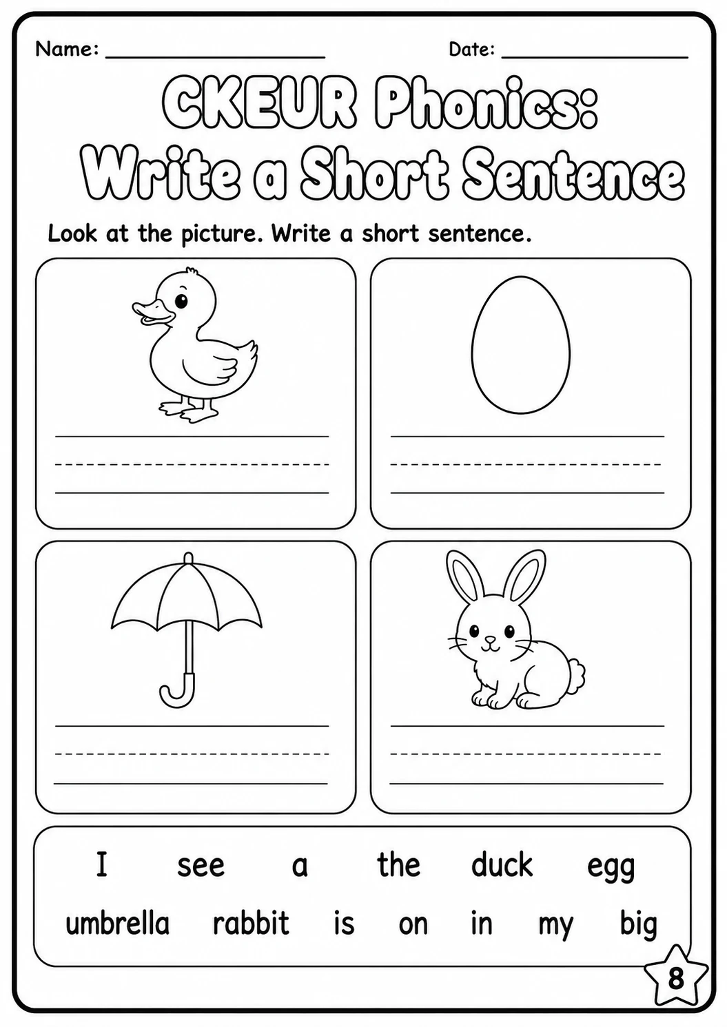 Beginning Sounds Phonics Match the Words - C K E U R Worksheet Pack page 8 printable worksheet preview
