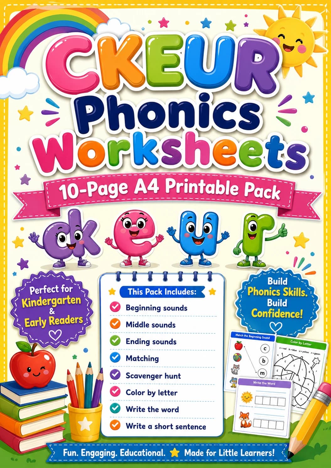 Beginning Sounds Phonics Match the Words - C K E U R Worksheet Pack page 9 printable worksheet preview
