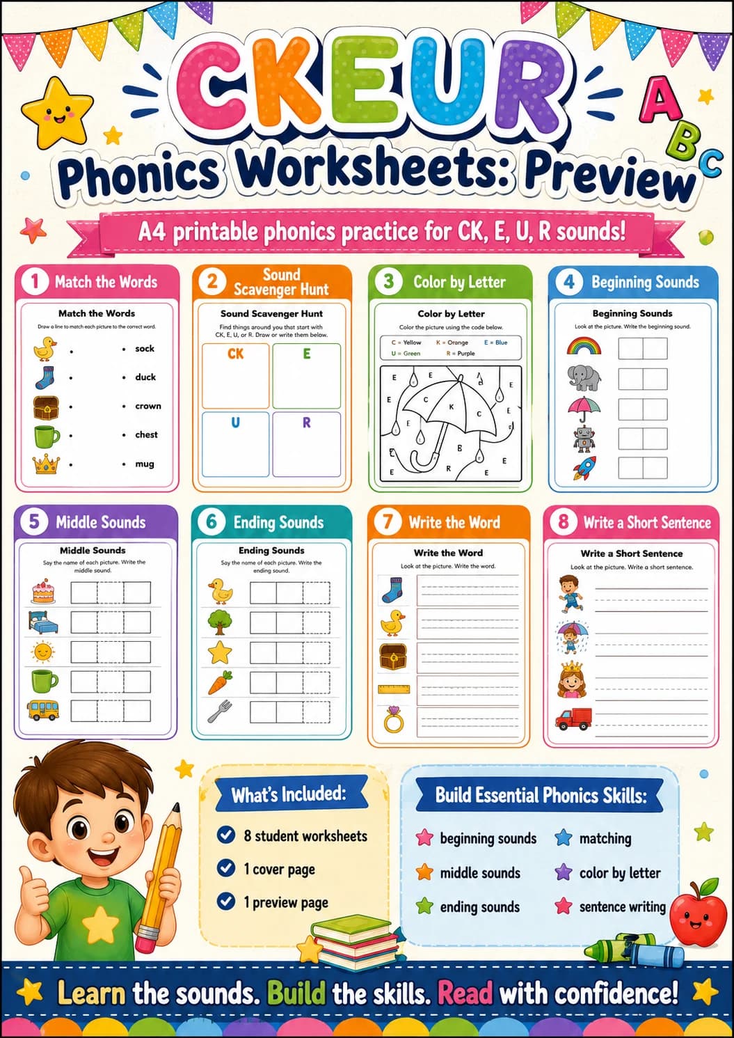 Beginning Sounds Phonics Match the Words - C K E U R Worksheet Pack page 10 printable worksheet preview