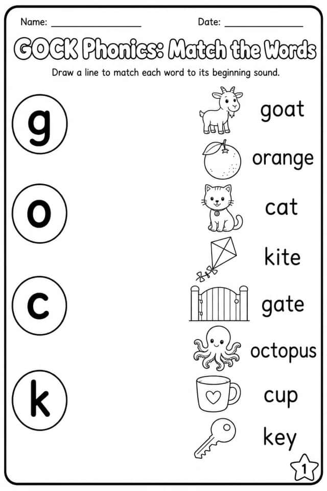 Beginning Sounds Phonics Match the Words - G O C K Worksheet Pack