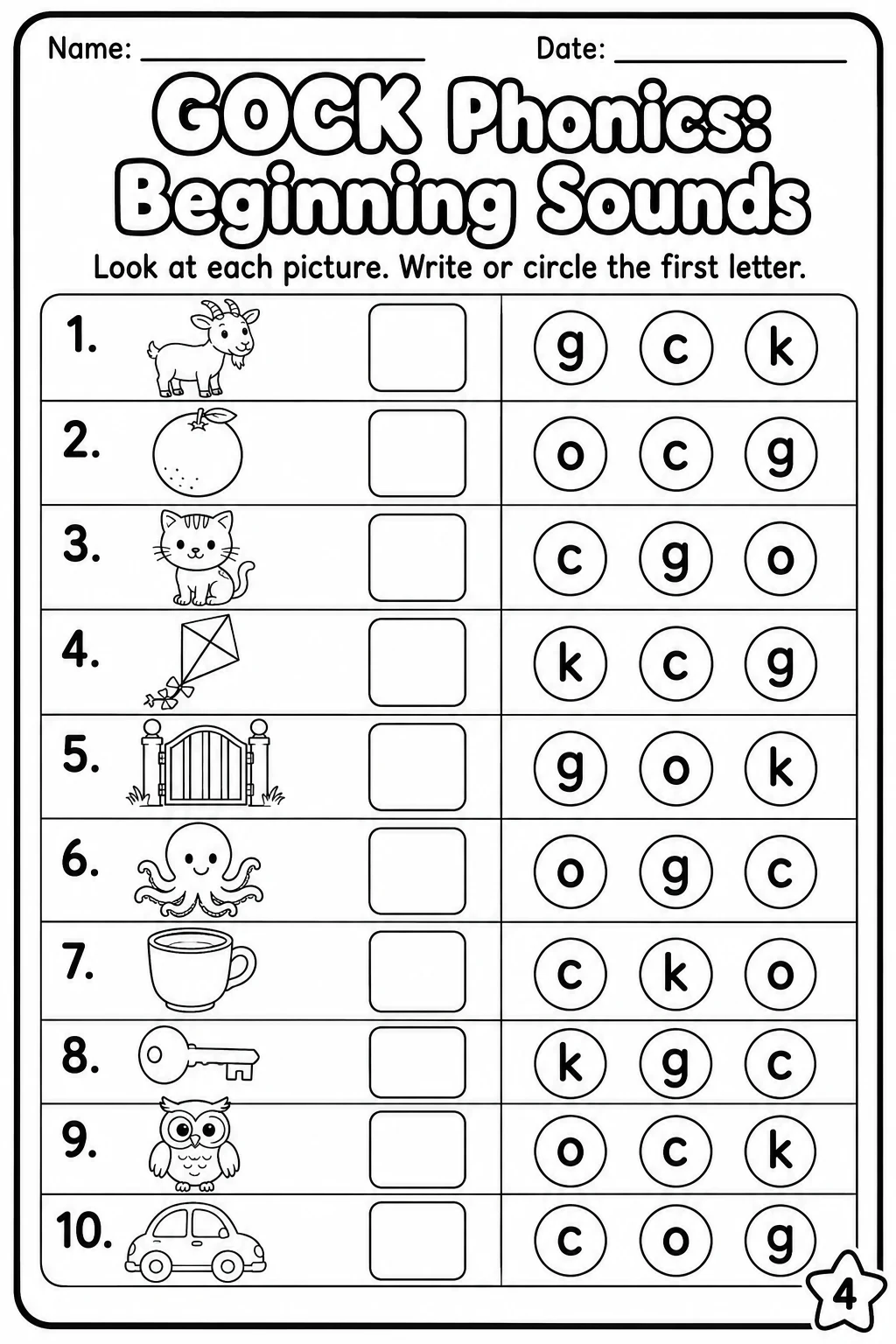 Beginning Sounds Phonics Match the Words - G O C K Worksheet Pack page 4 printable worksheet preview