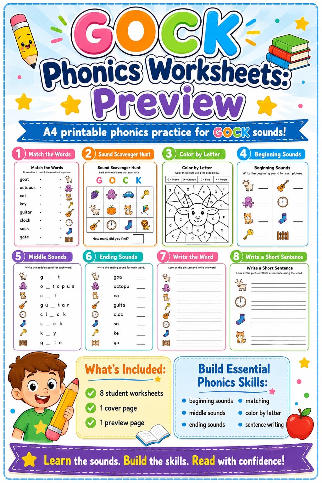 Beginning Sounds Phonics Match the Words - G O C K Worksheet Pack page 10 printable worksheet preview