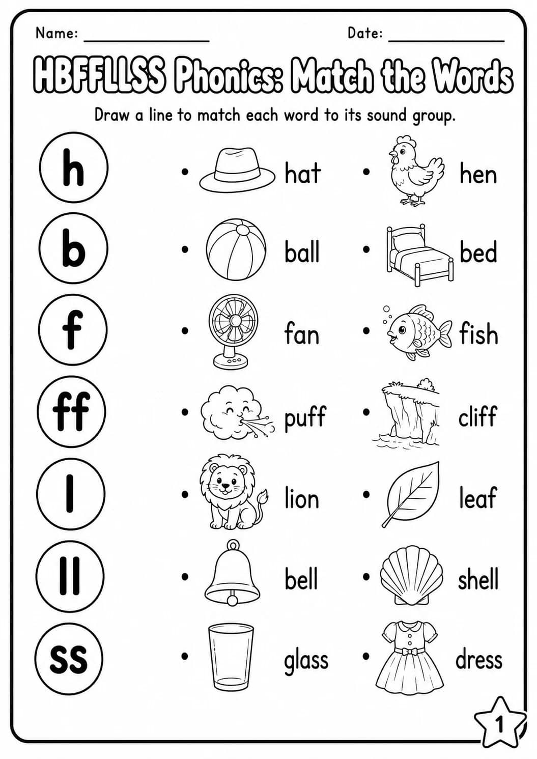 Beginning Sounds Phonics Match the Words - H B F L S Worksheet Pack printable worksheet pack preview from KiwiBee