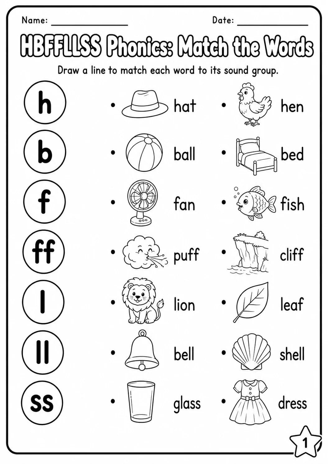 Beginning Sounds Phonics Match the Words - H B F L S Worksheet Pack printable worksheet pack preview from KiwiBee