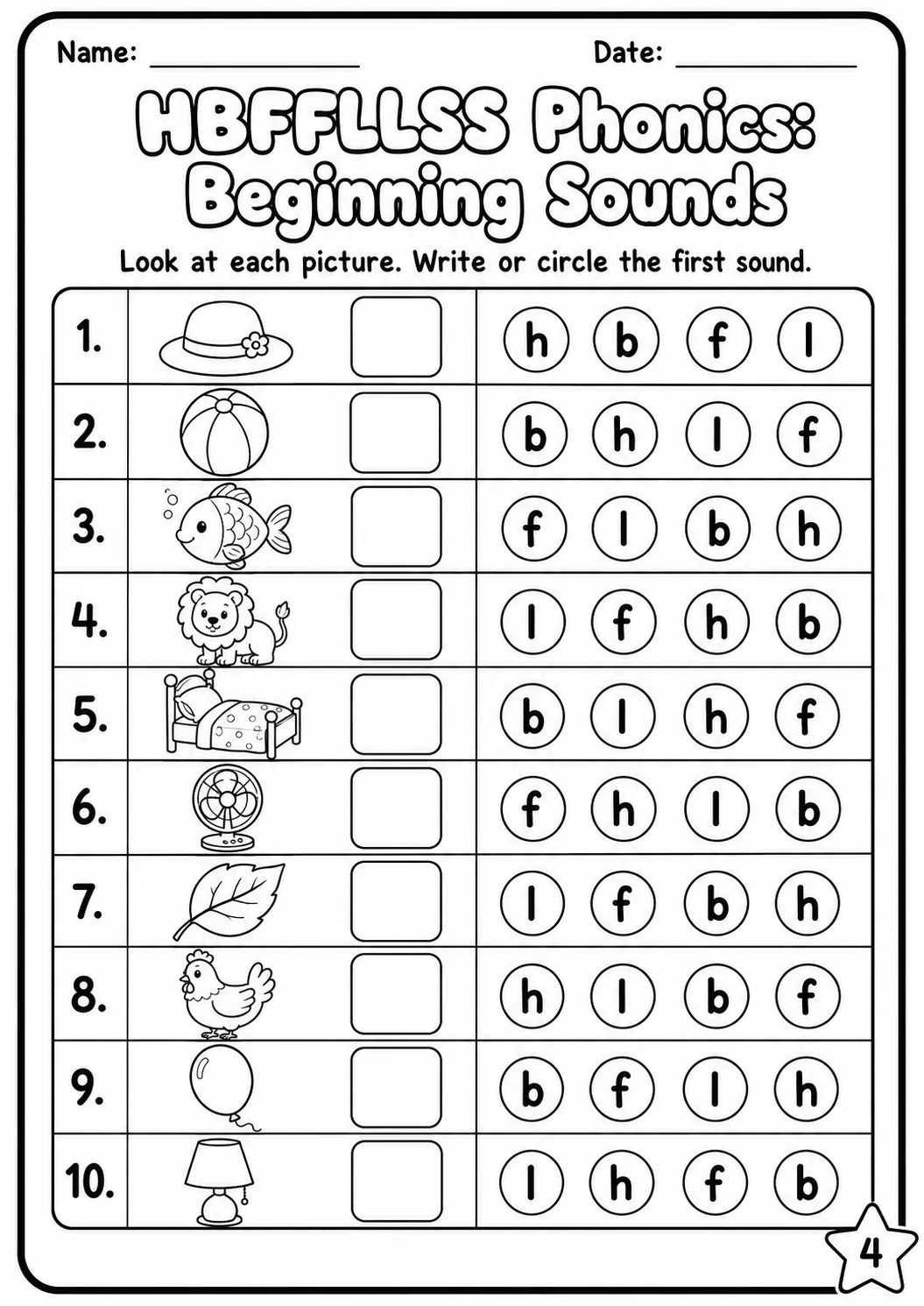Beginning Sounds Phonics Match the Words - H B F L S Worksheet Pack page 4 printable worksheet preview