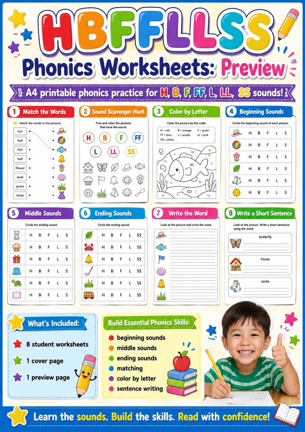 Beginning Sounds Phonics Match the Words - H B F L S Worksheet Pack page 10 printable worksheet preview