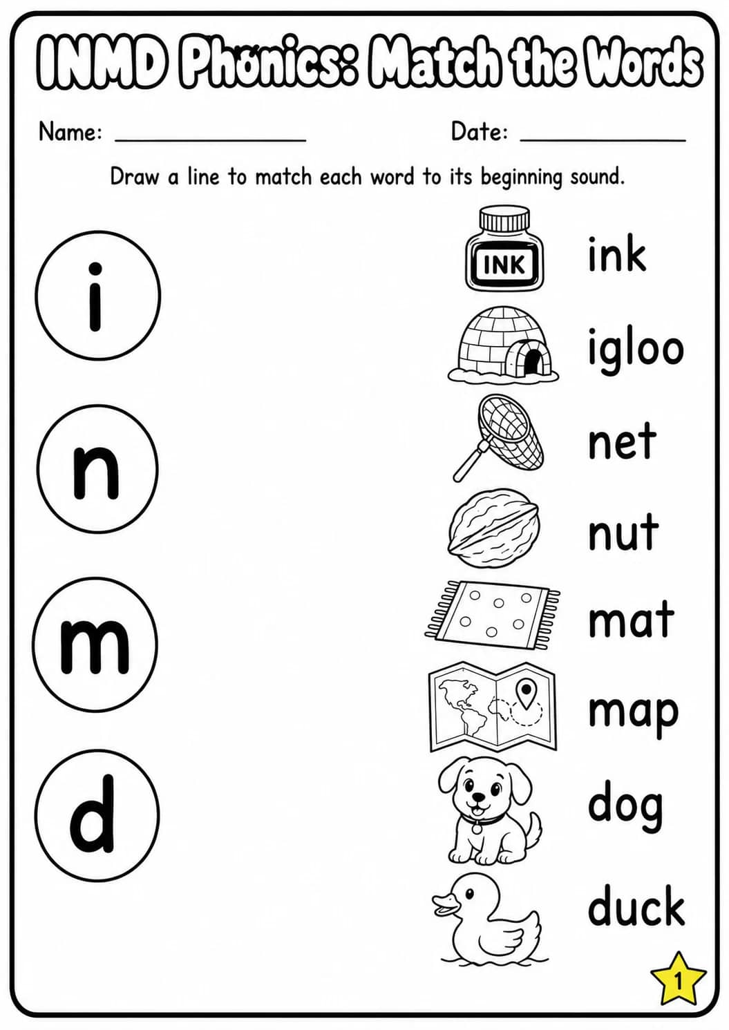 Beginning Sounds Phonics Match the Words - I N M D Worksheet Pack printable worksheet pack preview from KiwiBee