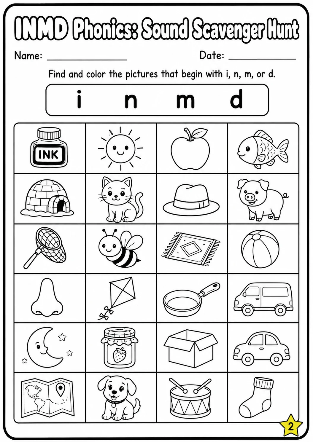 Beginning Sounds Phonics Match the Words - I N M D Worksheet Pack page 2 printable worksheet preview