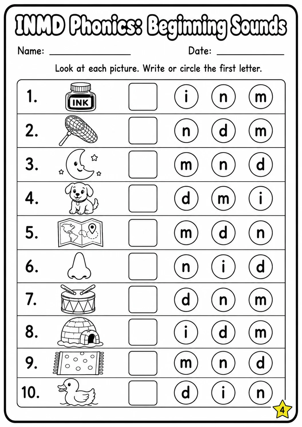 Beginning Sounds Phonics Match the Words - I N M D Worksheet Pack page 4 printable worksheet preview