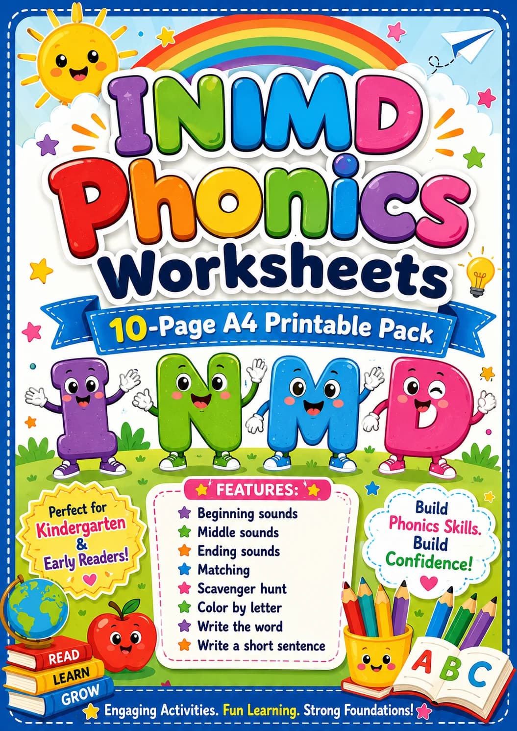 Beginning Sounds Phonics Match the Words - I N M D Worksheet Pack page 9 printable worksheet preview