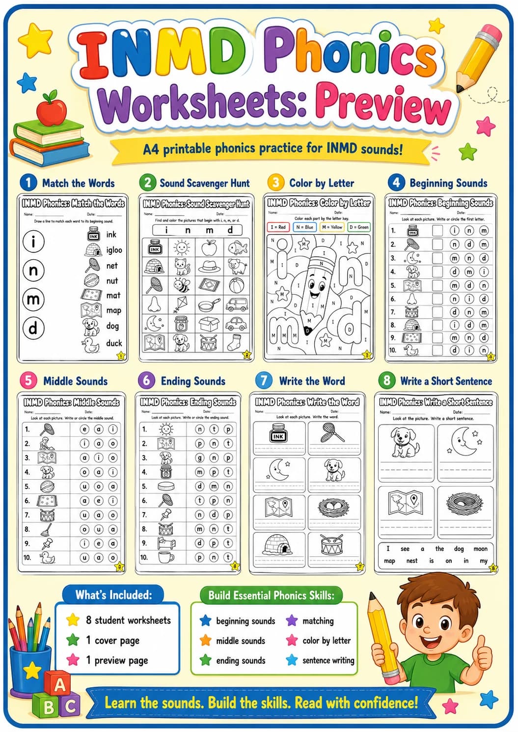 Beginning Sounds Phonics Match the Words - I N M D Worksheet Pack page 10 printable worksheet preview
