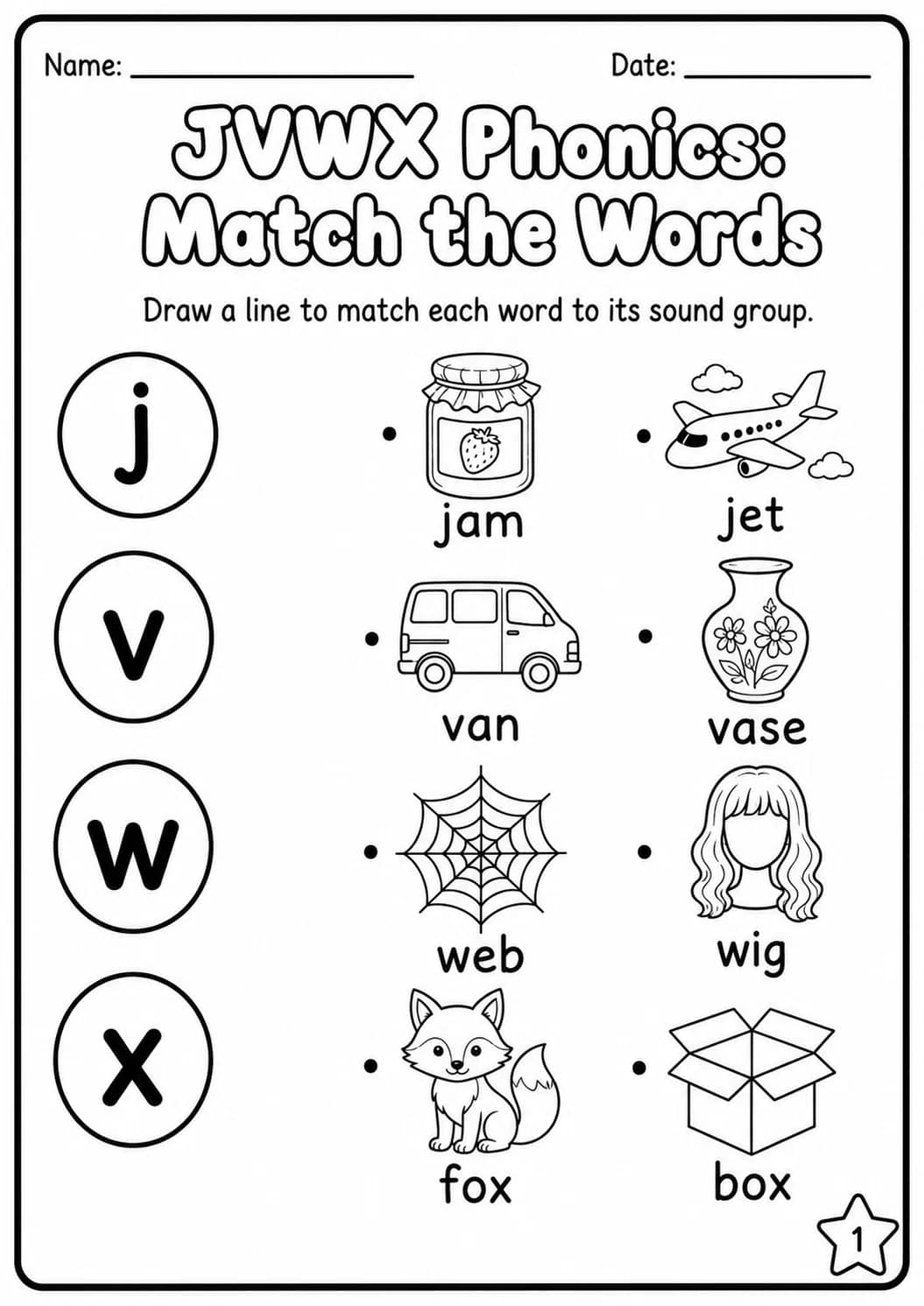 Beginning Sounds Phonics Match the Words - J V W X Worksheet Pack printable worksheet pack preview from KiwiBee