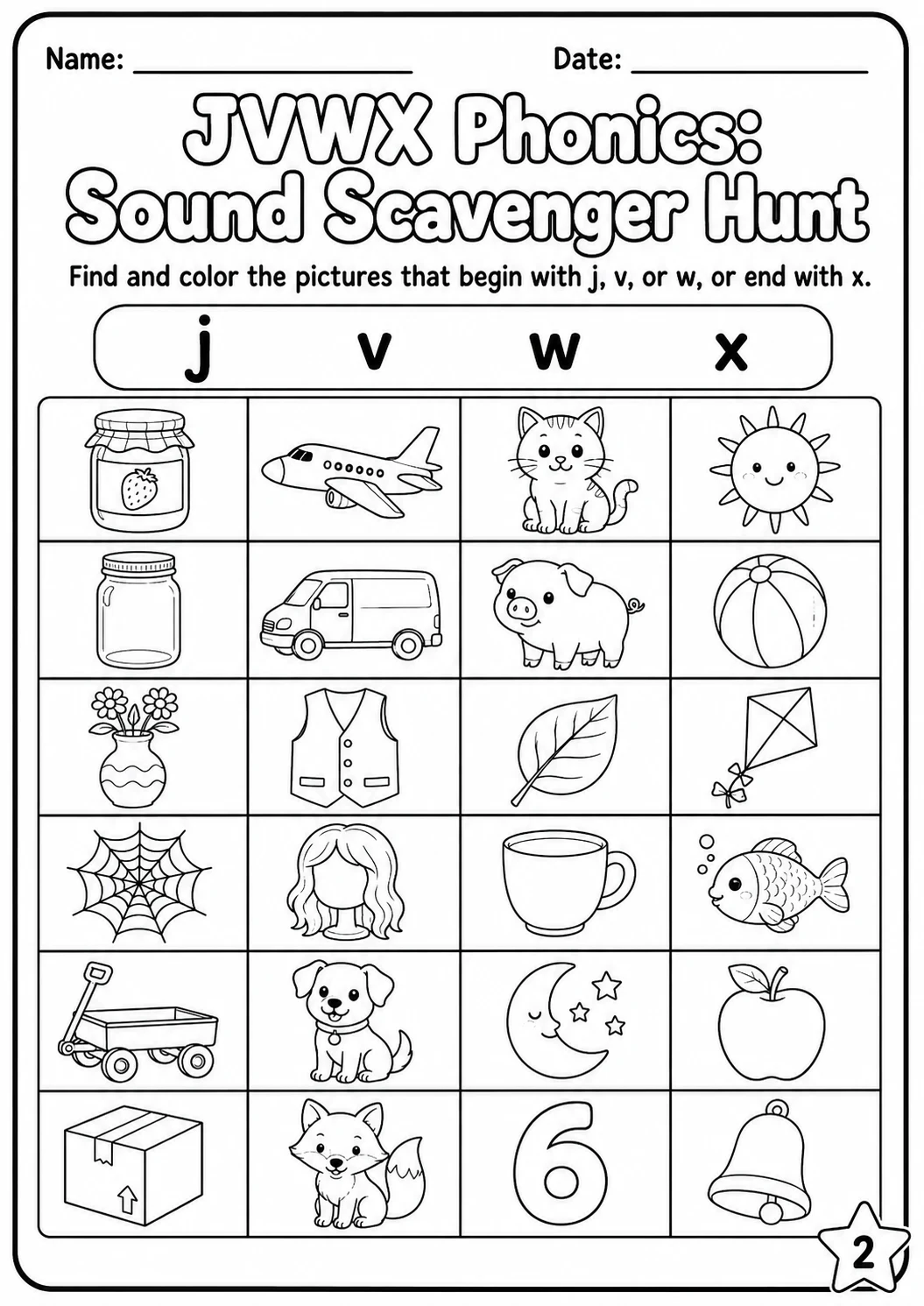 Beginning Sounds Phonics Match the Words - J V W X Worksheet Pack page 2 printable worksheet preview