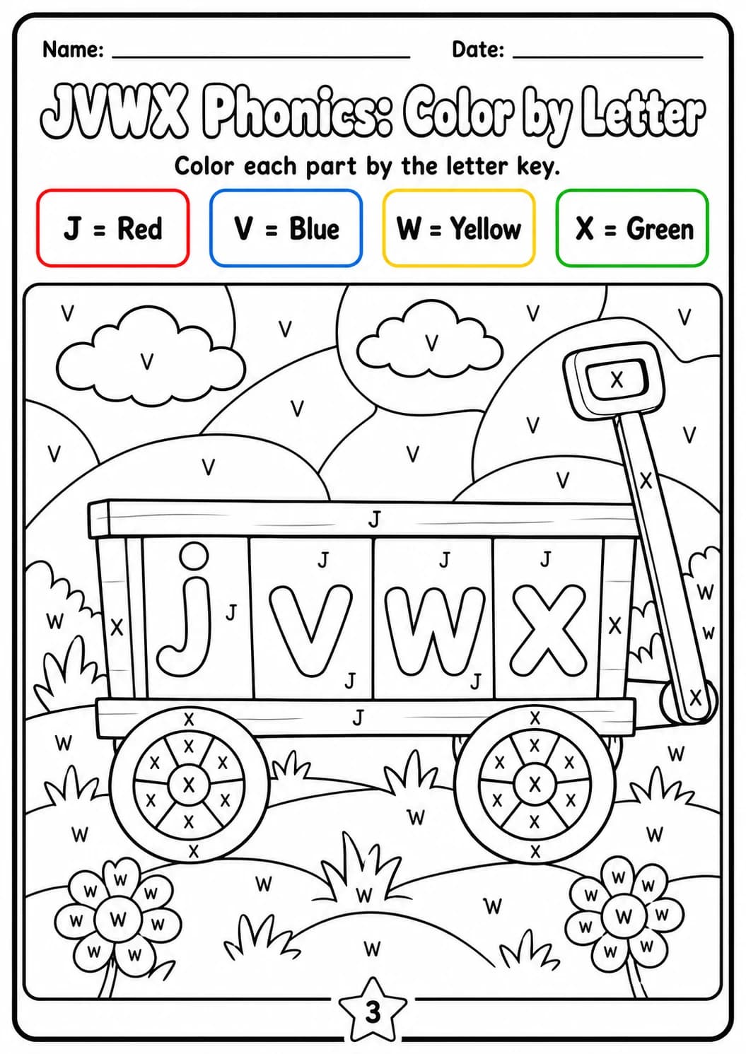 Beginning Sounds Phonics Match the Words - J V W X Worksheet Pack page 3 printable worksheet preview