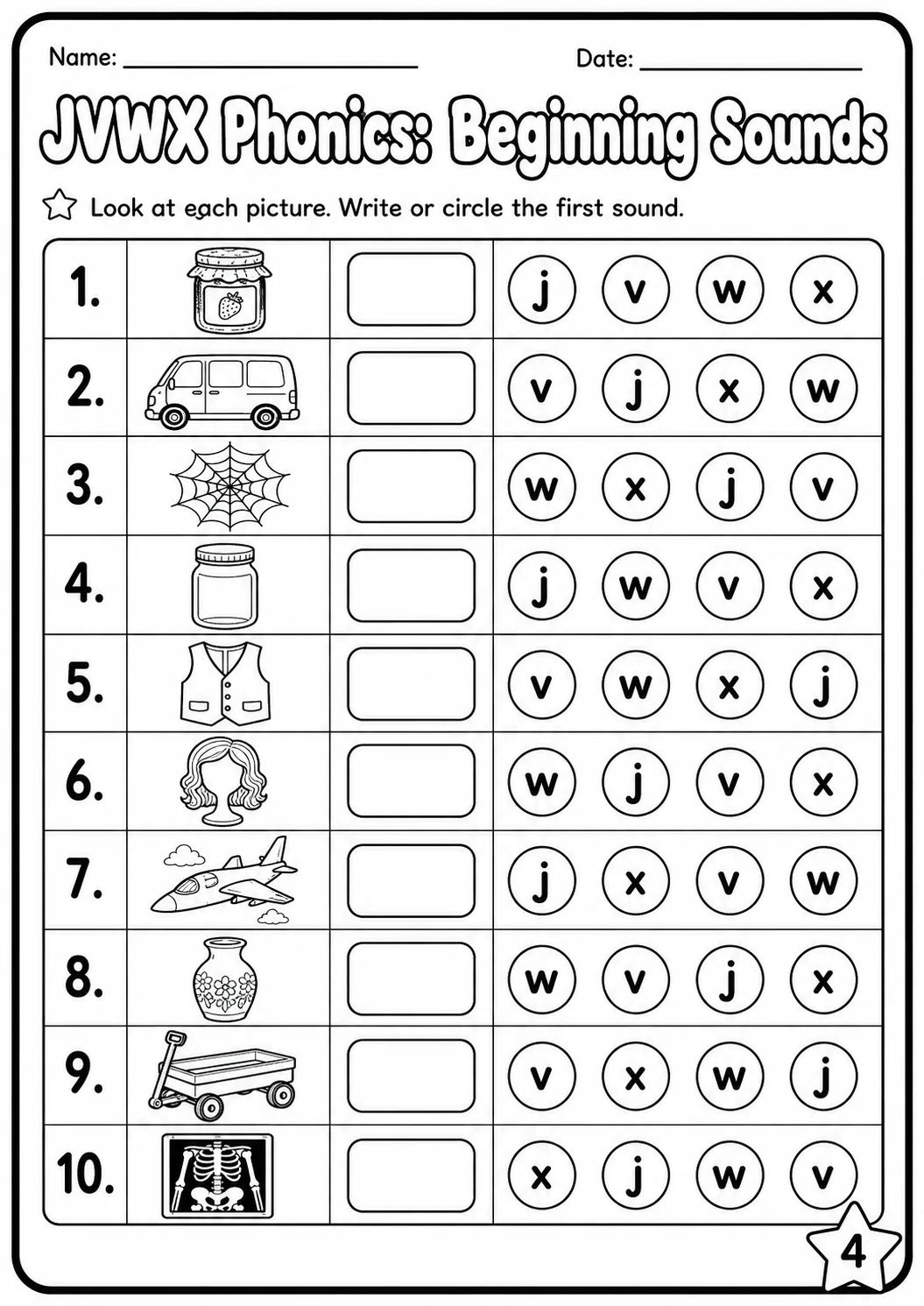 Beginning Sounds Phonics Match the Words - J V W X Worksheet Pack page 4 printable worksheet preview