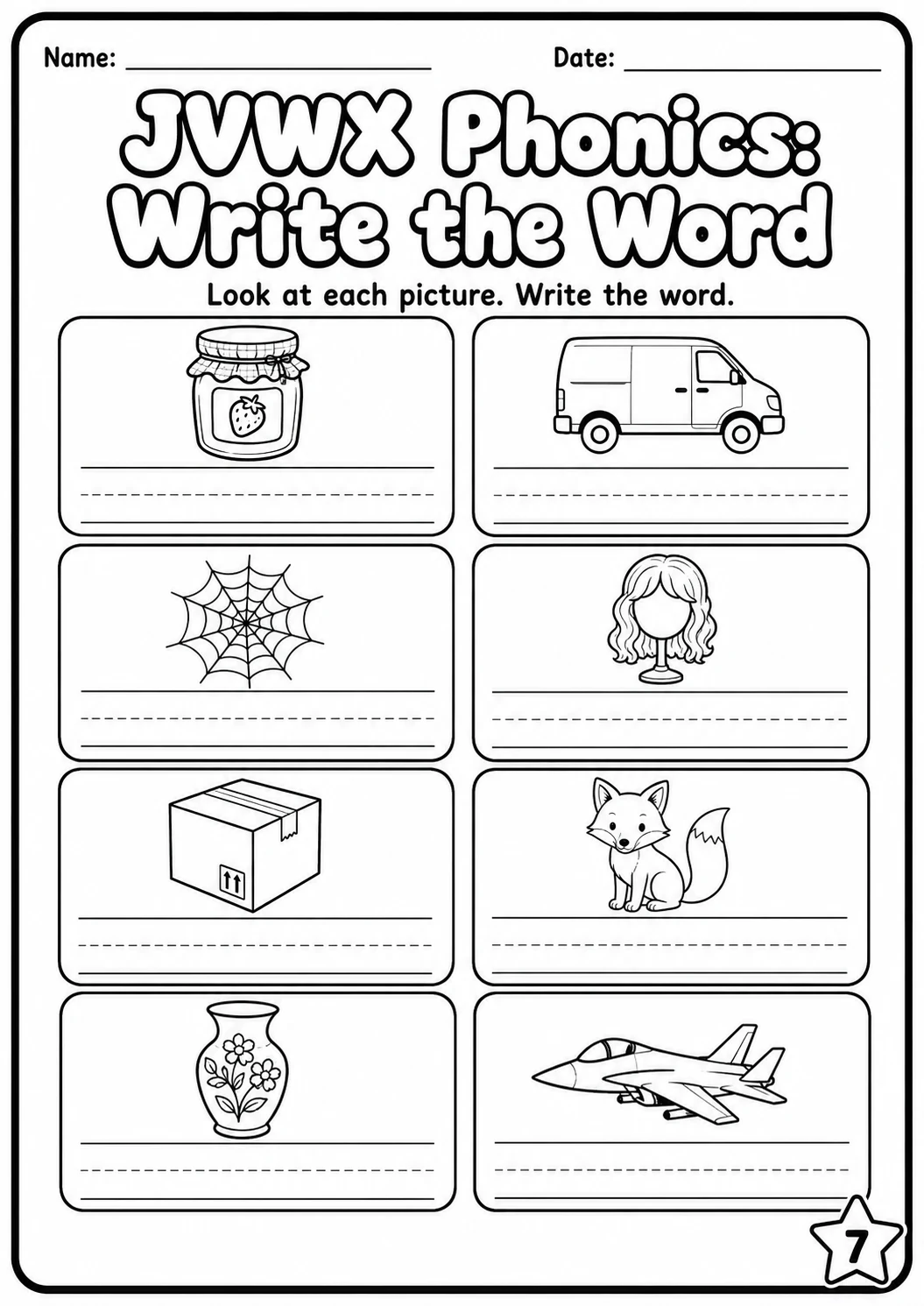 Beginning Sounds Phonics Match the Words - J V W X Worksheet Pack page 7 printable worksheet preview