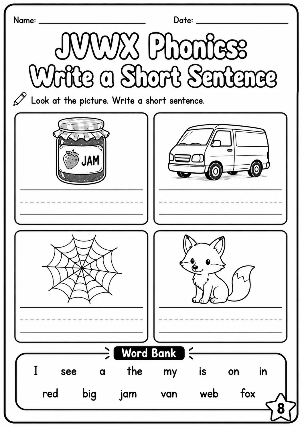 Beginning Sounds Phonics Match the Words - J V W X Worksheet Pack page 8 printable worksheet preview