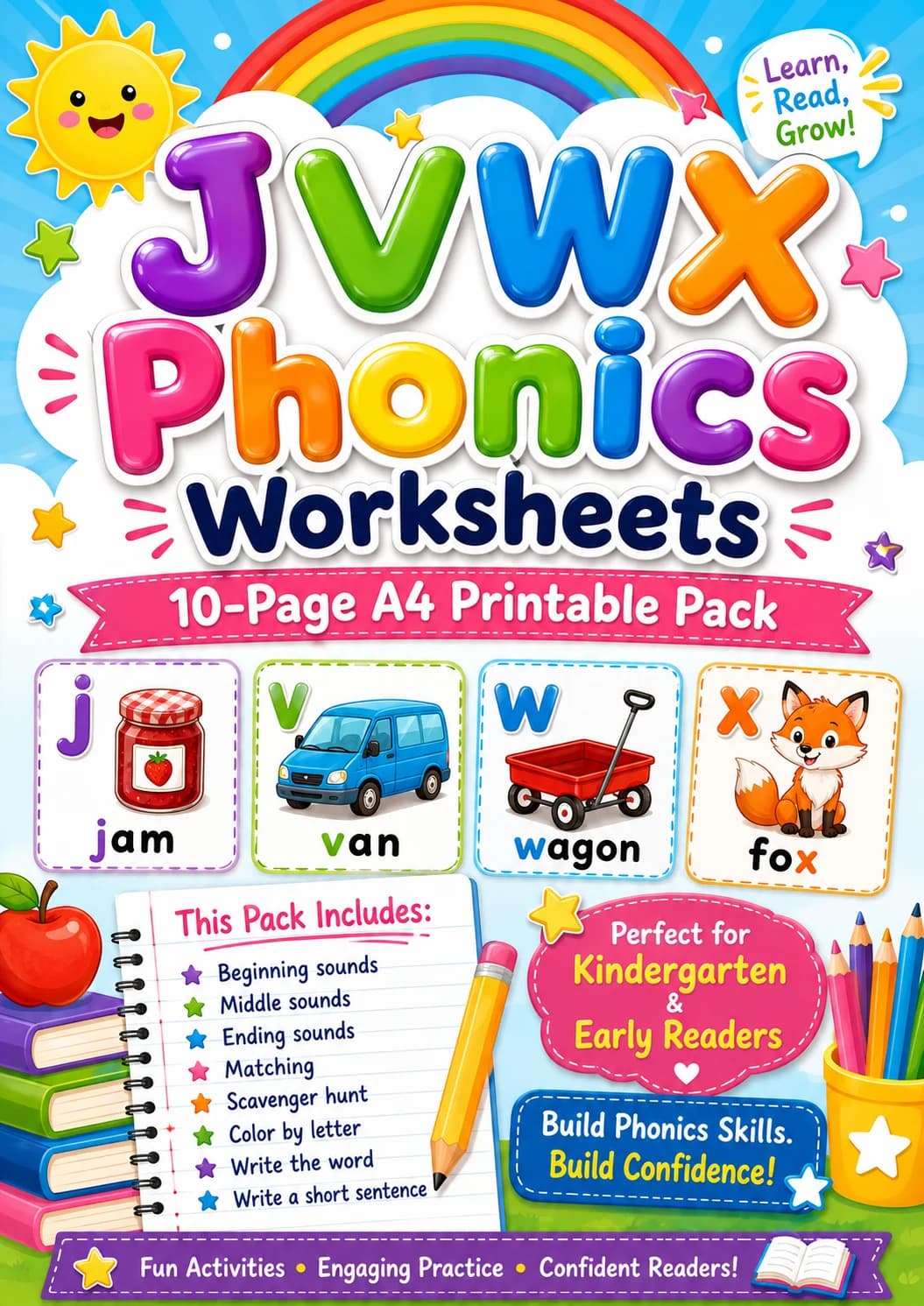 Beginning Sounds Phonics Match the Words - J V W X Worksheet Pack page 9 printable worksheet preview
