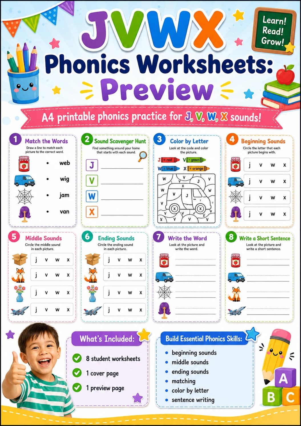 Beginning Sounds Phonics Match the Words - J V W X Worksheet Pack page 10 printable worksheet preview