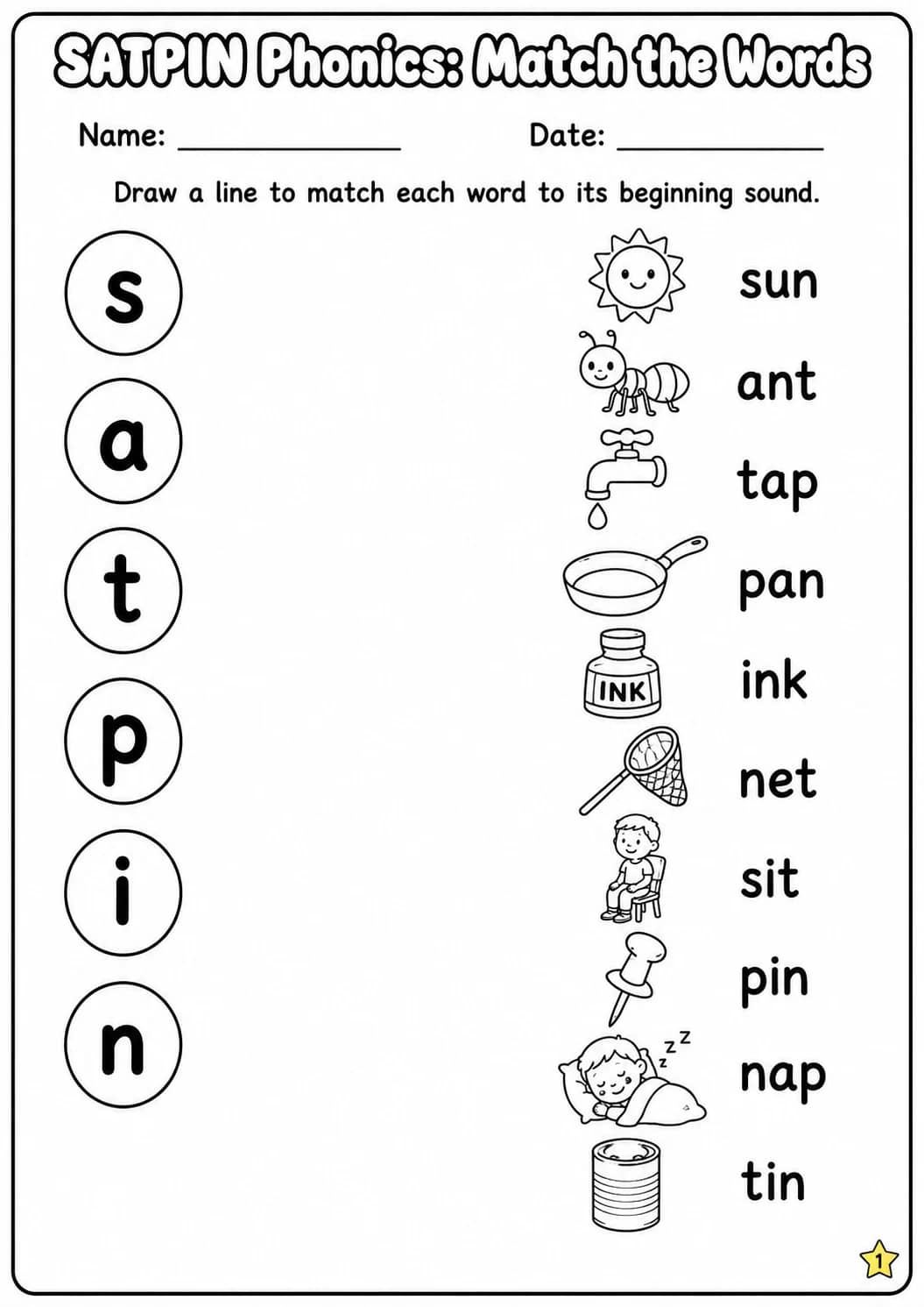SATPIN Beginning Sounds Phonics Match the Words Worksheet Pack printable worksheet pack preview from KiwiBee