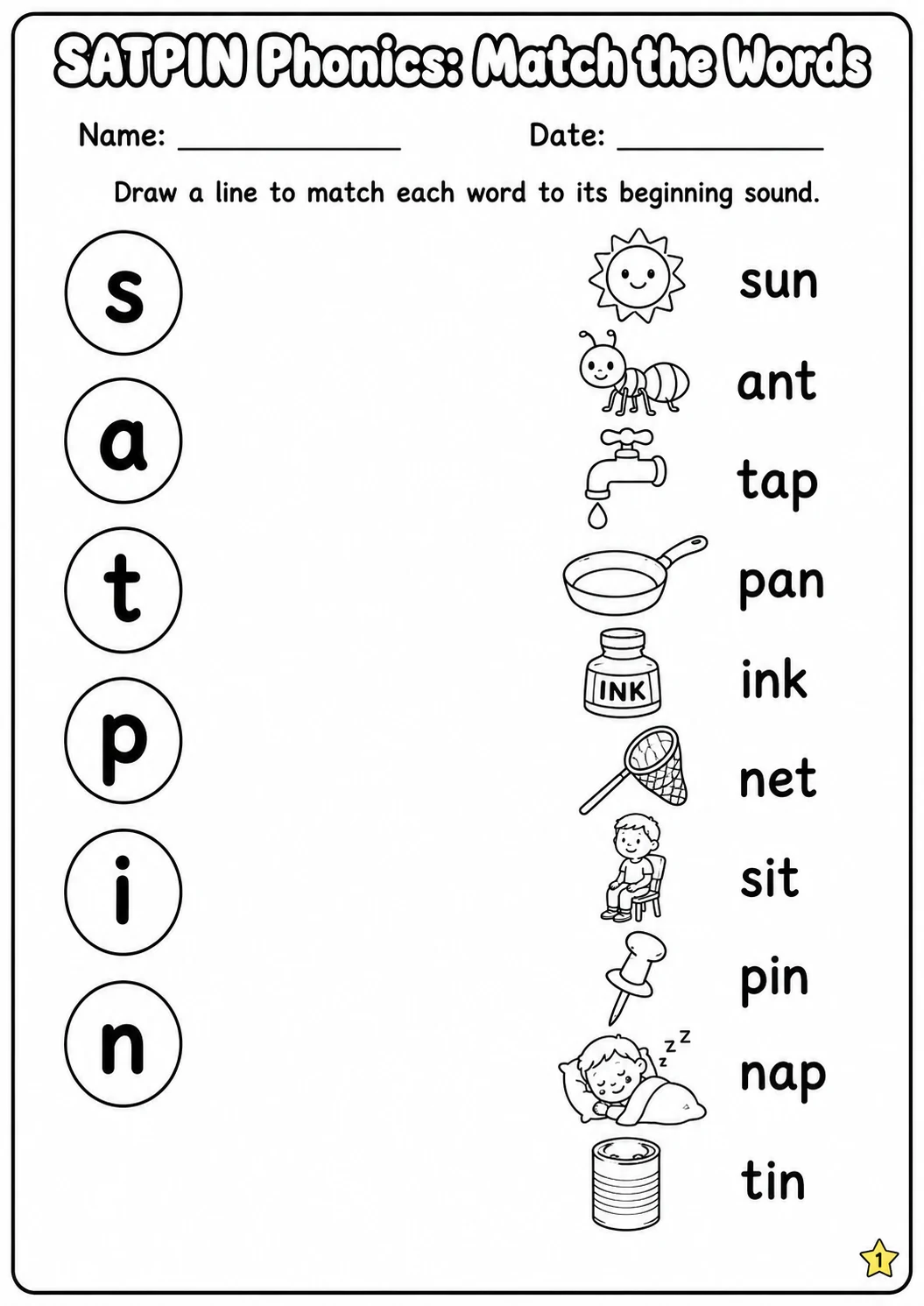 SATPIN Beginning Sounds Phonics Match the Words Worksheet Pack printable worksheet pack preview from KiwiBee
