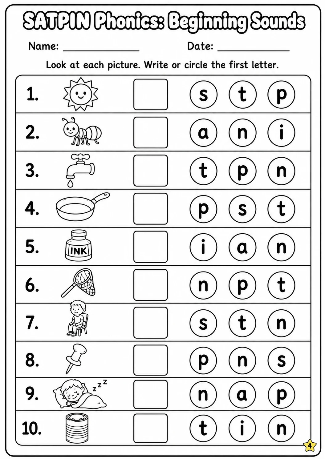 SATPIN Beginning Sounds Phonics Match the Words Worksheet Pack page 4 printable worksheet preview