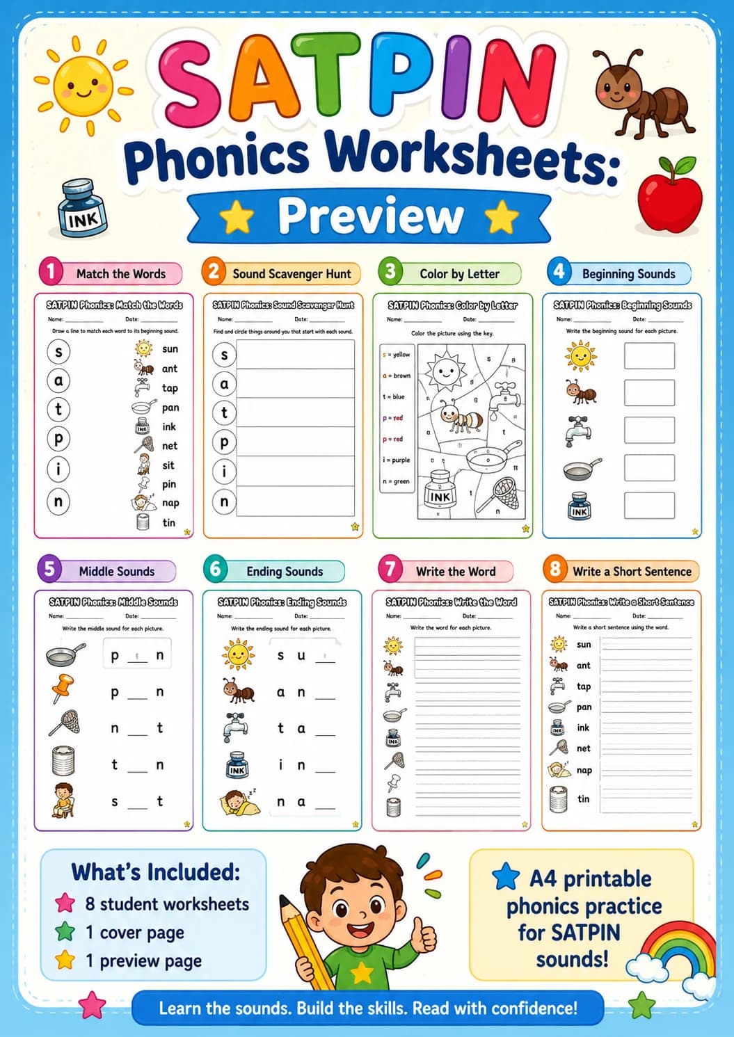 SATPIN Beginning Sounds Phonics Match the Words Worksheet Pack page 10 printable worksheet preview