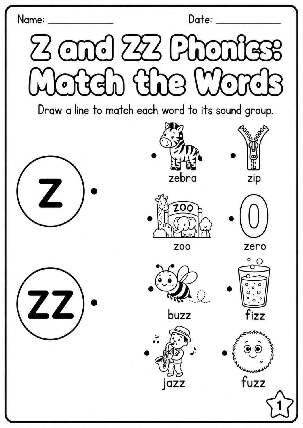 Z and ZZ Phonics Match the Words Worksheet Pack printable worksheet pack preview from KiwiBee
