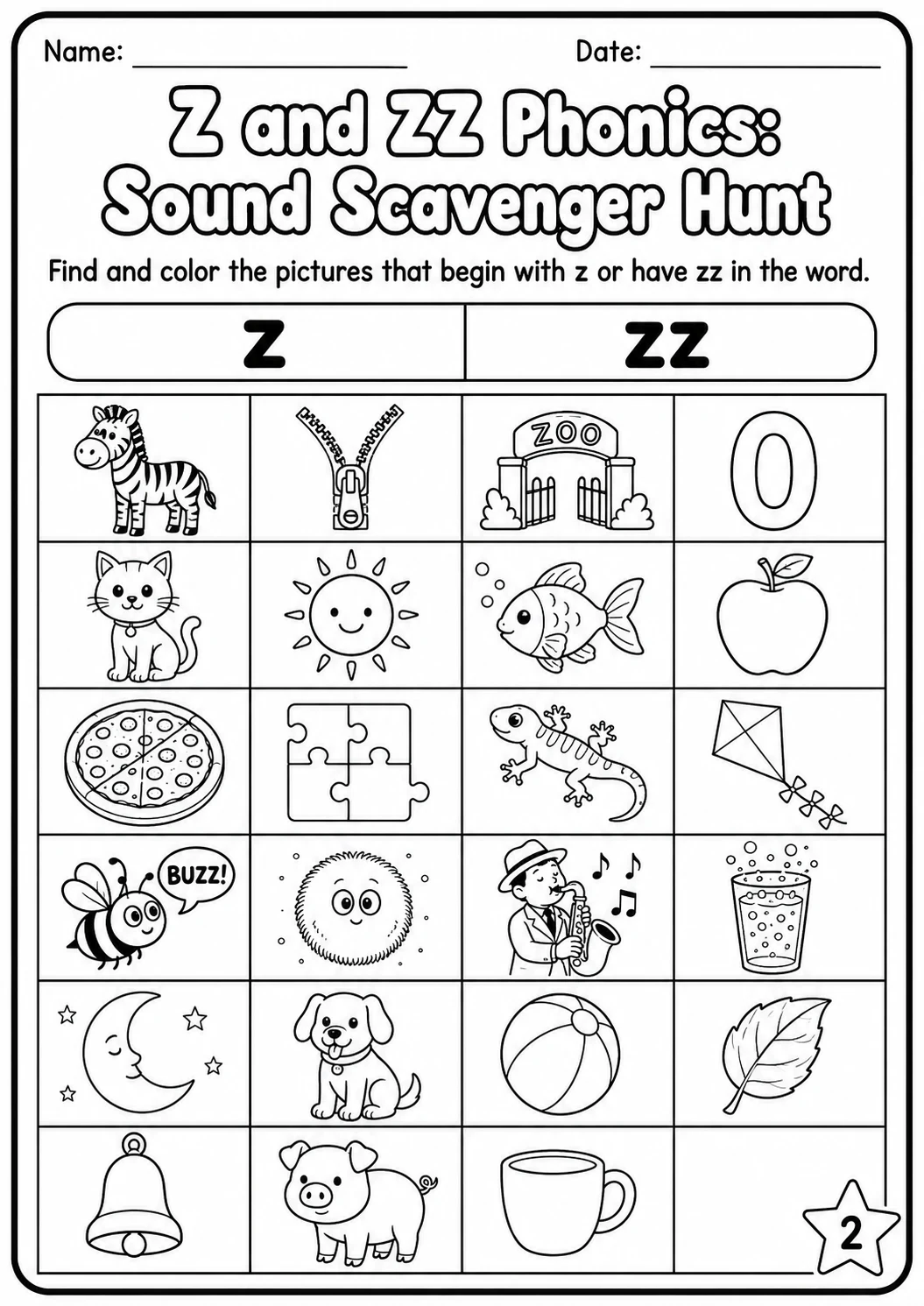 Z and ZZ Phonics Match the Words Worksheet Pack page 2 printable worksheet preview