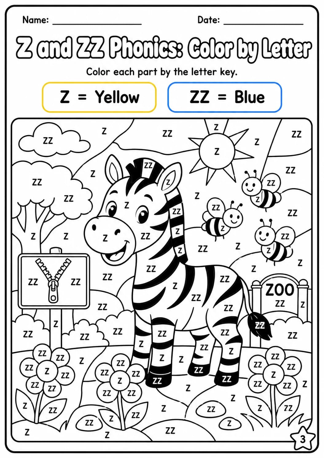 Z and ZZ Phonics Match the Words Worksheet Pack page 3 printable worksheet preview