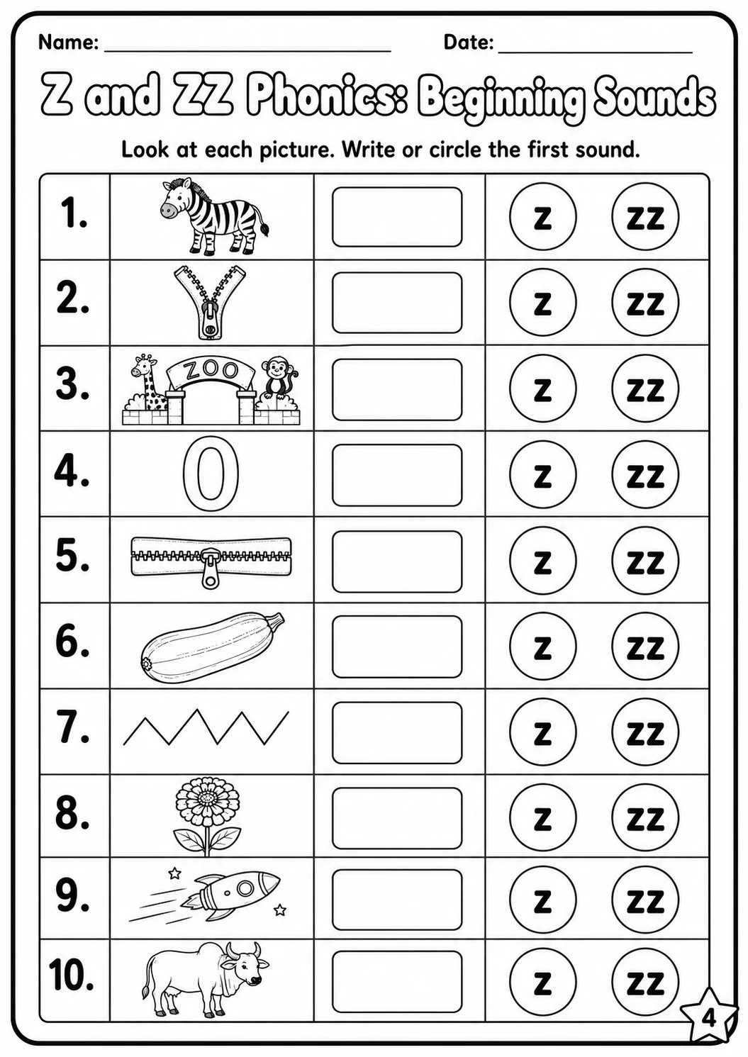 Z and ZZ Phonics Match the Words Worksheet Pack page 4 printable worksheet preview