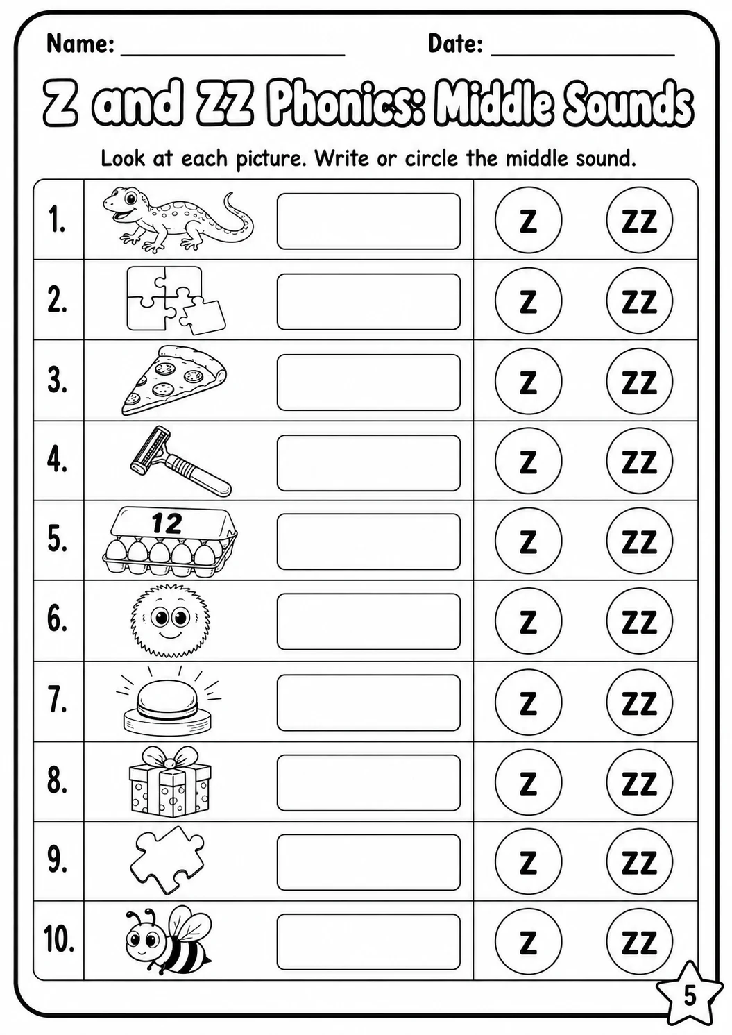 Z and ZZ Phonics Match the Words Worksheet Pack page 5 printable worksheet preview