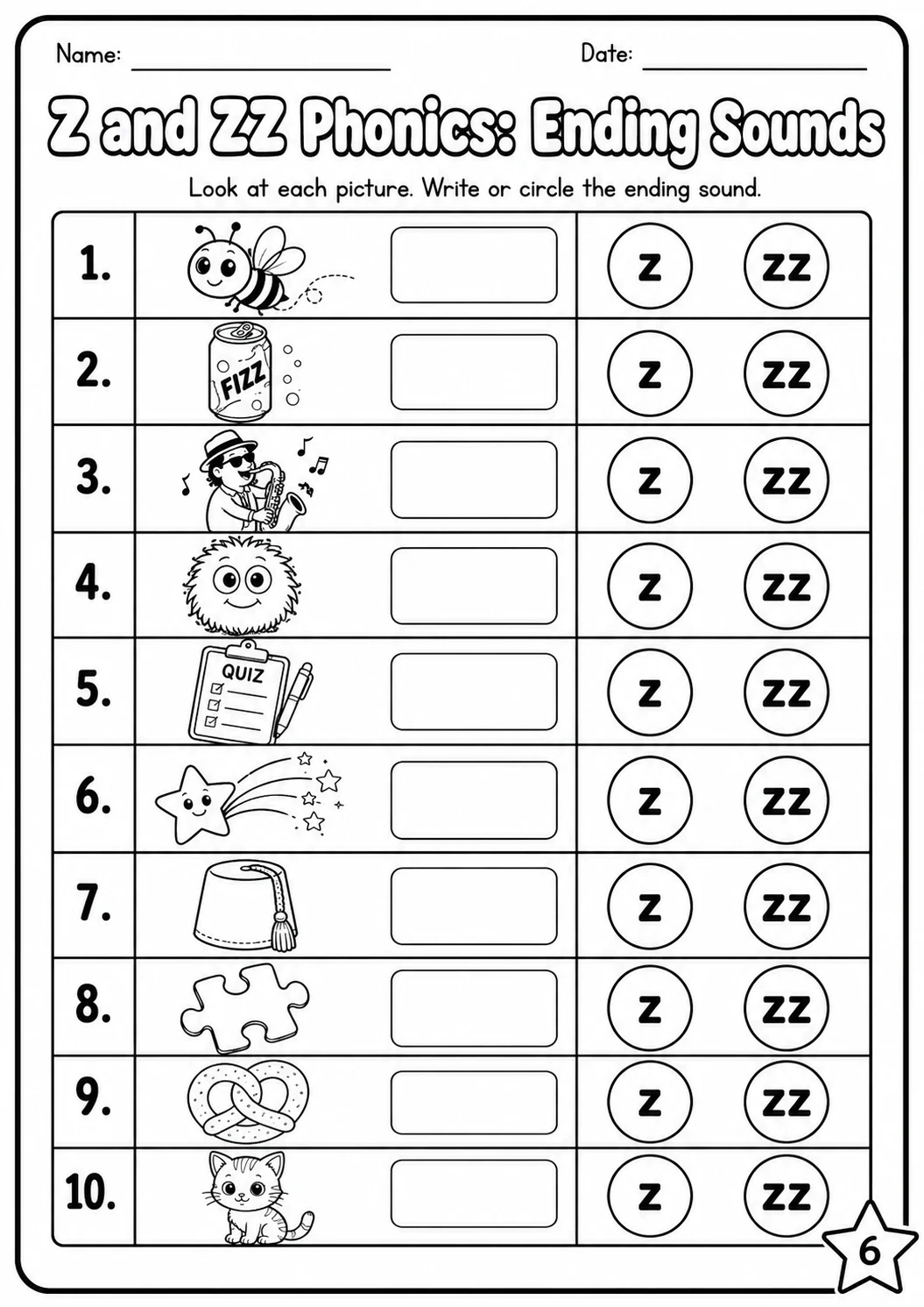 Z and ZZ Phonics Match the Words Worksheet Pack page 6 printable worksheet preview