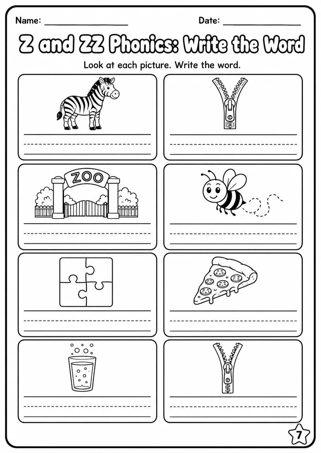 Z and ZZ Phonics Match the Words Worksheet Pack page 7 printable worksheet preview