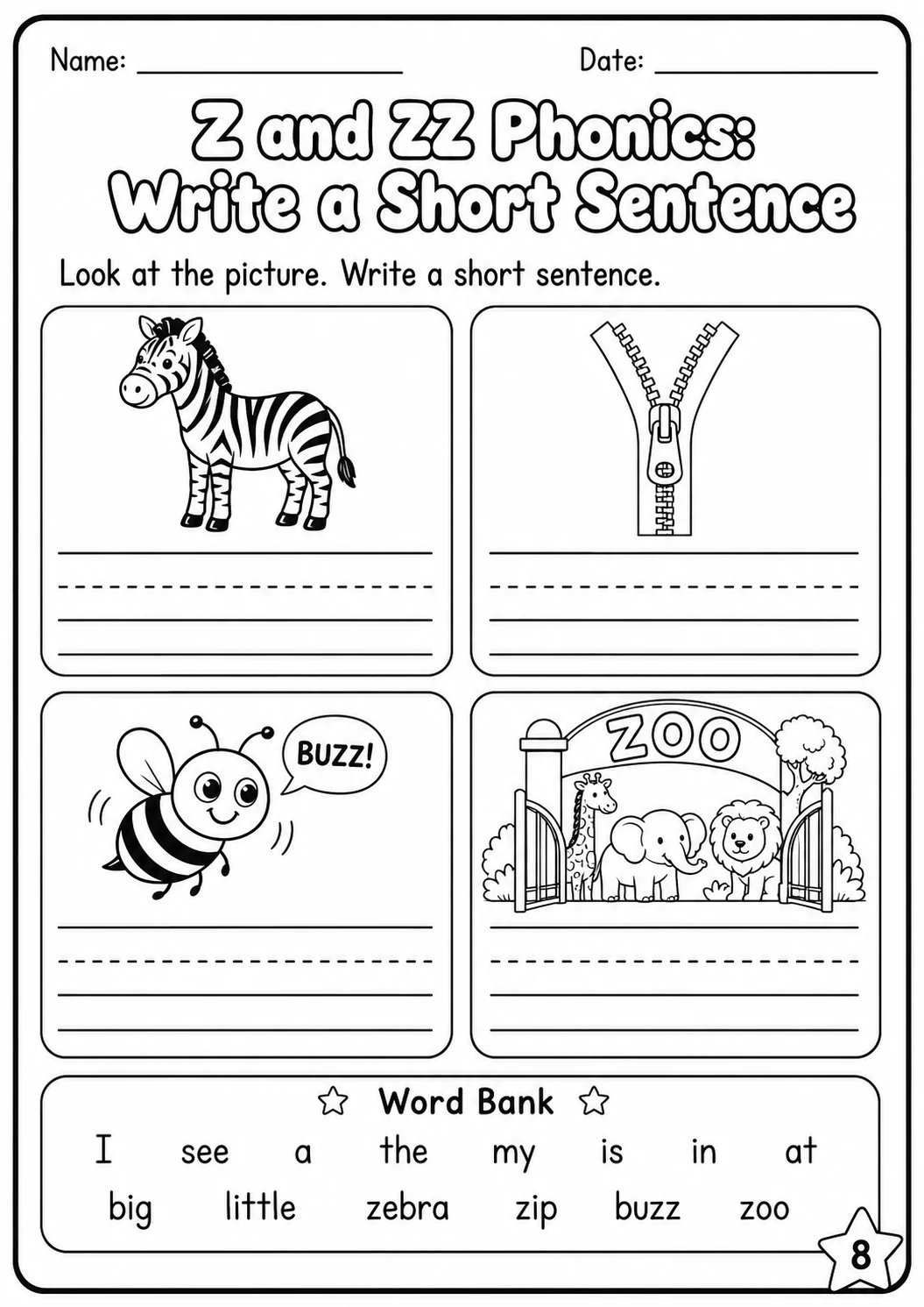 Z and ZZ Phonics Match the Words Worksheet Pack page 8 printable worksheet preview