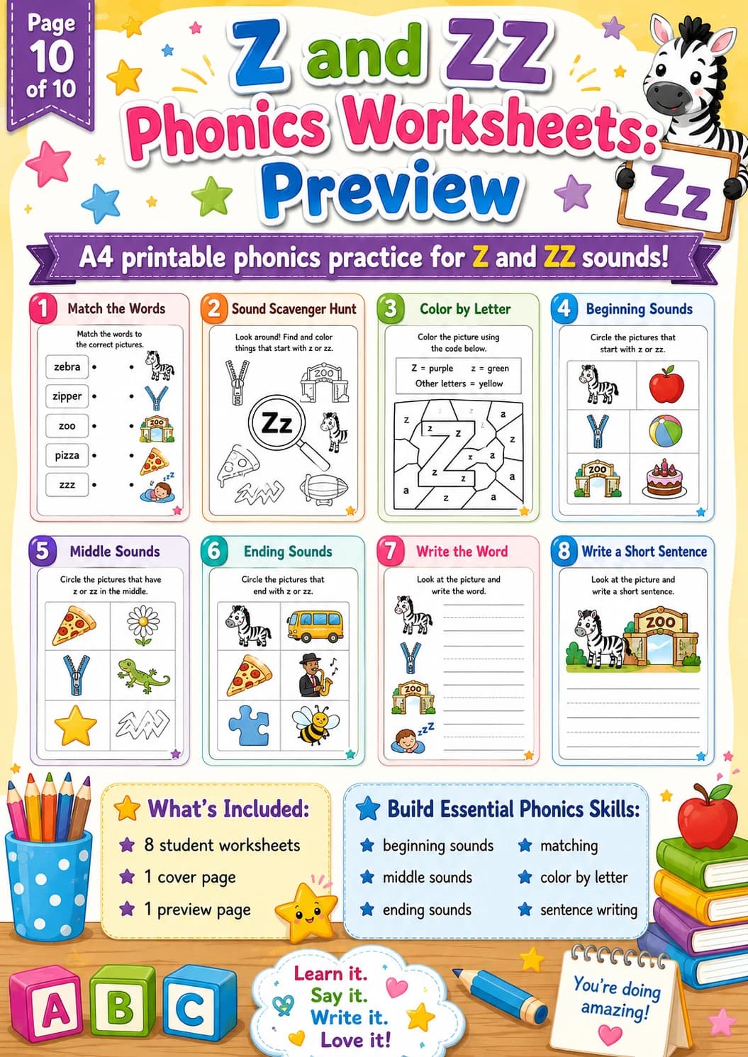 Z and ZZ Phonics Match the Words Worksheet Pack page 10 printable worksheet preview