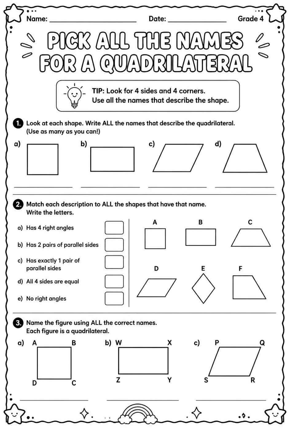 Pick all the names for a quadrilateral — free printable Grade 4 math worksheet