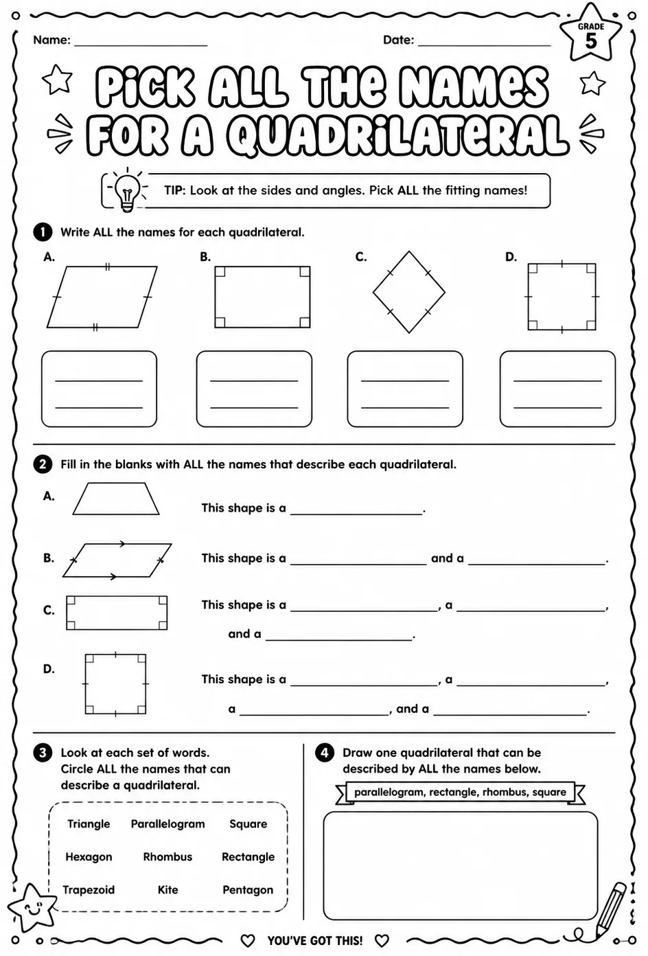 Pick all the names for a quadrilateral — free printable Grade 5 math worksheet