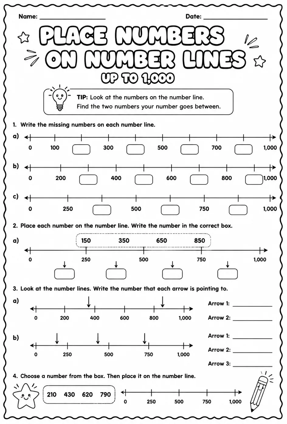 Place numbers on number lines - up to 1,000 — free printable Grade 2 math worksheet