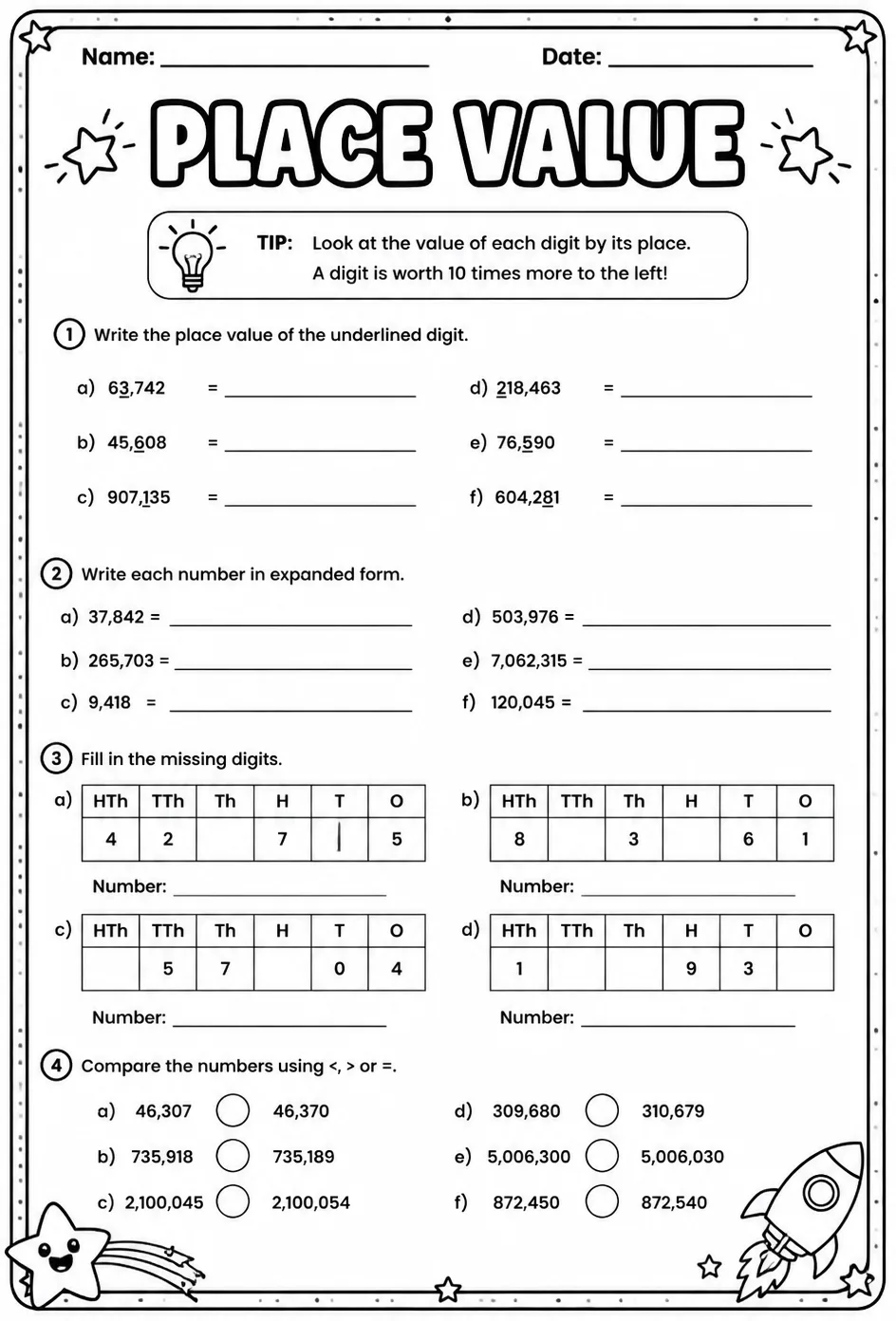 Place value — free printable Grade 5 math worksheet