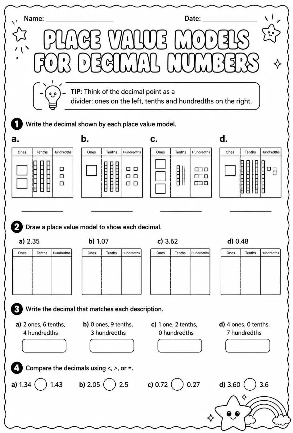 Place value models for decimal numbers — free printable Grade 4 math worksheet