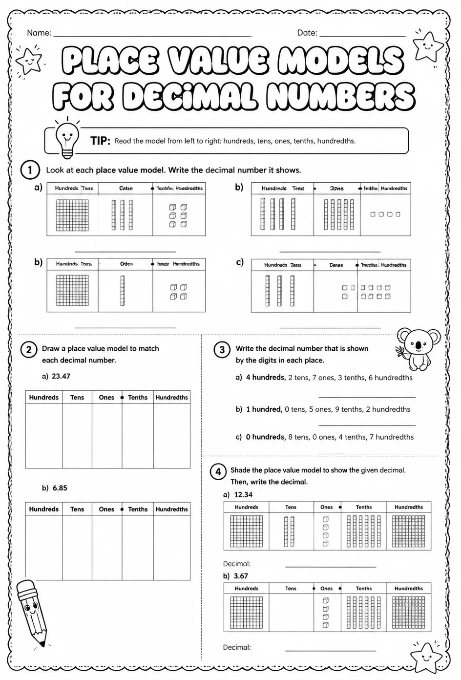 Place value models for decimal numbers — free printable Grade 5 math worksheet